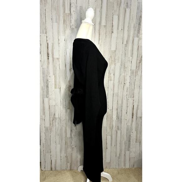 Good American Women's Black Ribbed Knit V-Neck Midi Dress Size 4 Long Sleeve - Picture 3 of 5